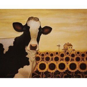 Vintage Cow Print by Lowell Herrero Sunflower Cow Art. Limited Edition Print